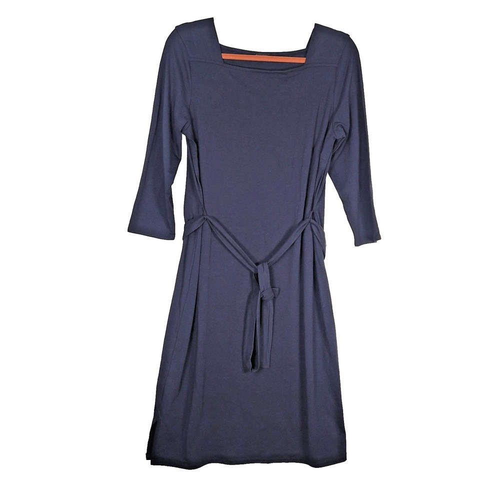 Talbots Dress Womens Large Petite Navy Square‎ Neck Tie Waist 3/4 Sleeve Knit